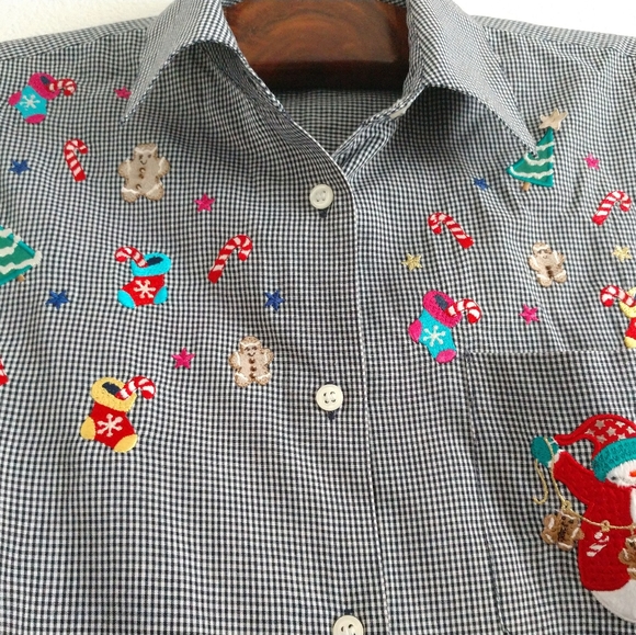 Karen Scott Tops - Embroidered Christmas Shirt Black White Gingham Check Snowman Large Chest 42"